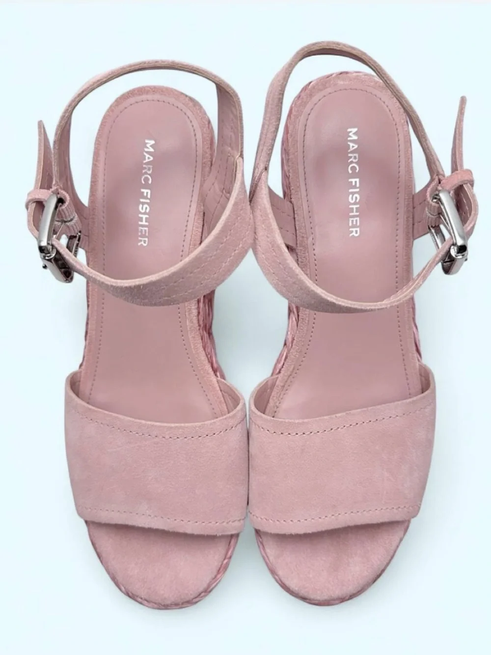 Marc Fisher LTD Pink Blush Nelly Burian Suede Espadrille Platform Wedges Size 9